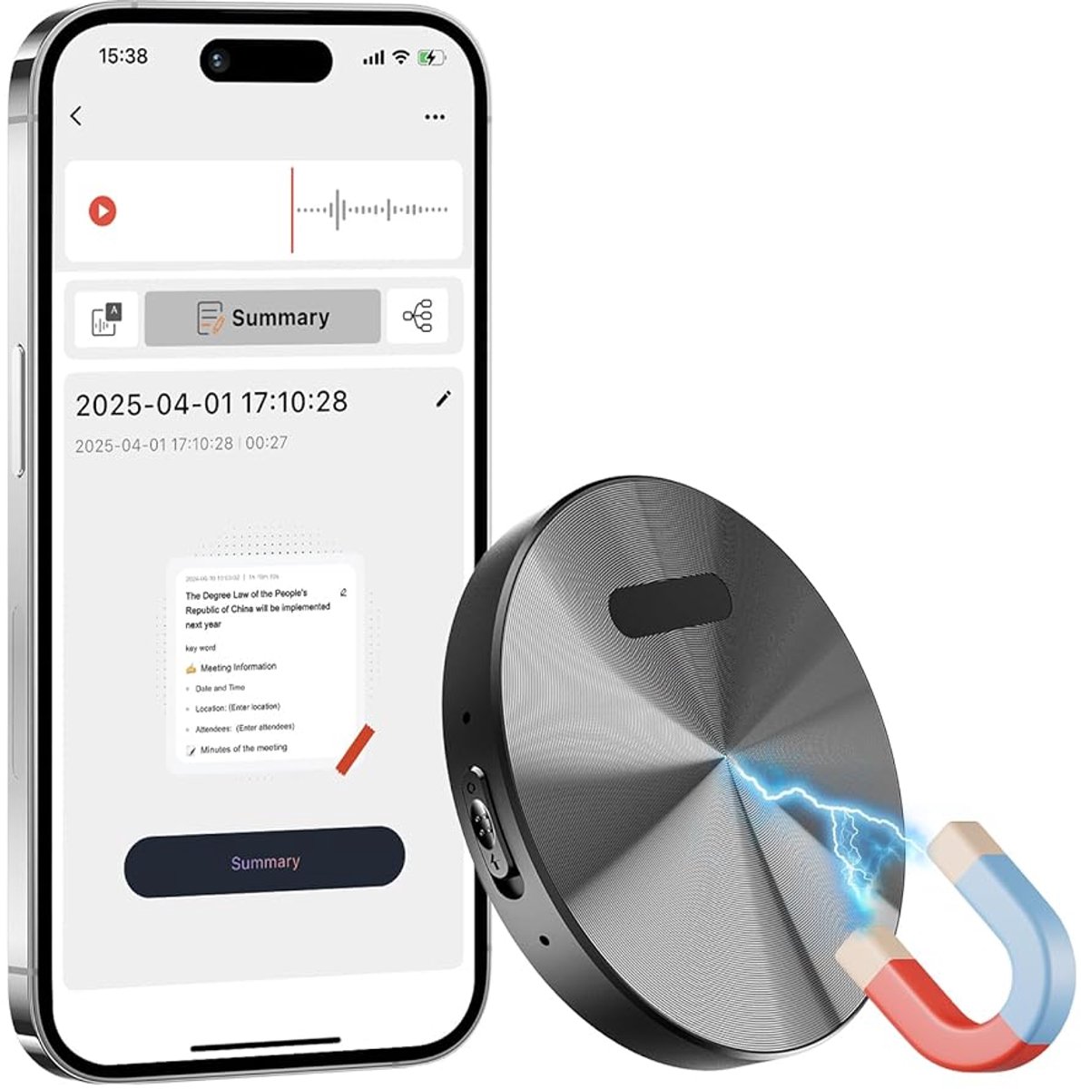 KI Digitale Spraakrecorder 64GB - Mini-Magnetische Recorder met ChatGPT, Appbediening & Realtime Transcriptie