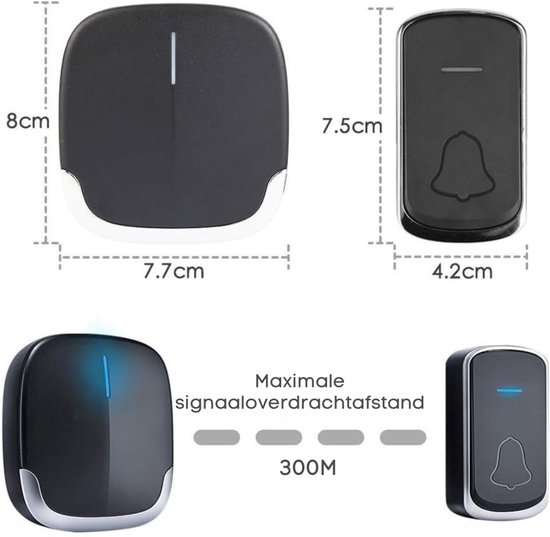 Aura® Draadloze Deurbel met 2 Ontvangers - Deurbelset Voor Buiten - Beldrukker - Deurbellen - Waterdicht - 58 Melodieën - Draadloos - Zwart - ‎19cm x 10cm x 9cm — afbeelding 5