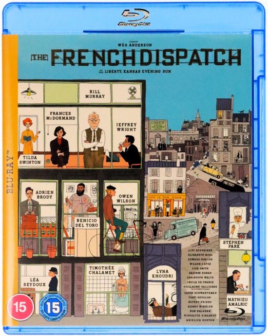 Blu-ray hoes voor 'The French Dispatch' met illustraties van de cast en een stadsscène.
