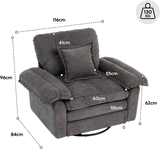 Chenille Draaifauteuil 360° - Oversized Leesfauteuil - Accentstoel met Steunkussen - Gestoffeerde Lounge Fauteuil voor Slaapkamer/Woonkamer/Kinderkamer van Merkloos — afbeelding 3