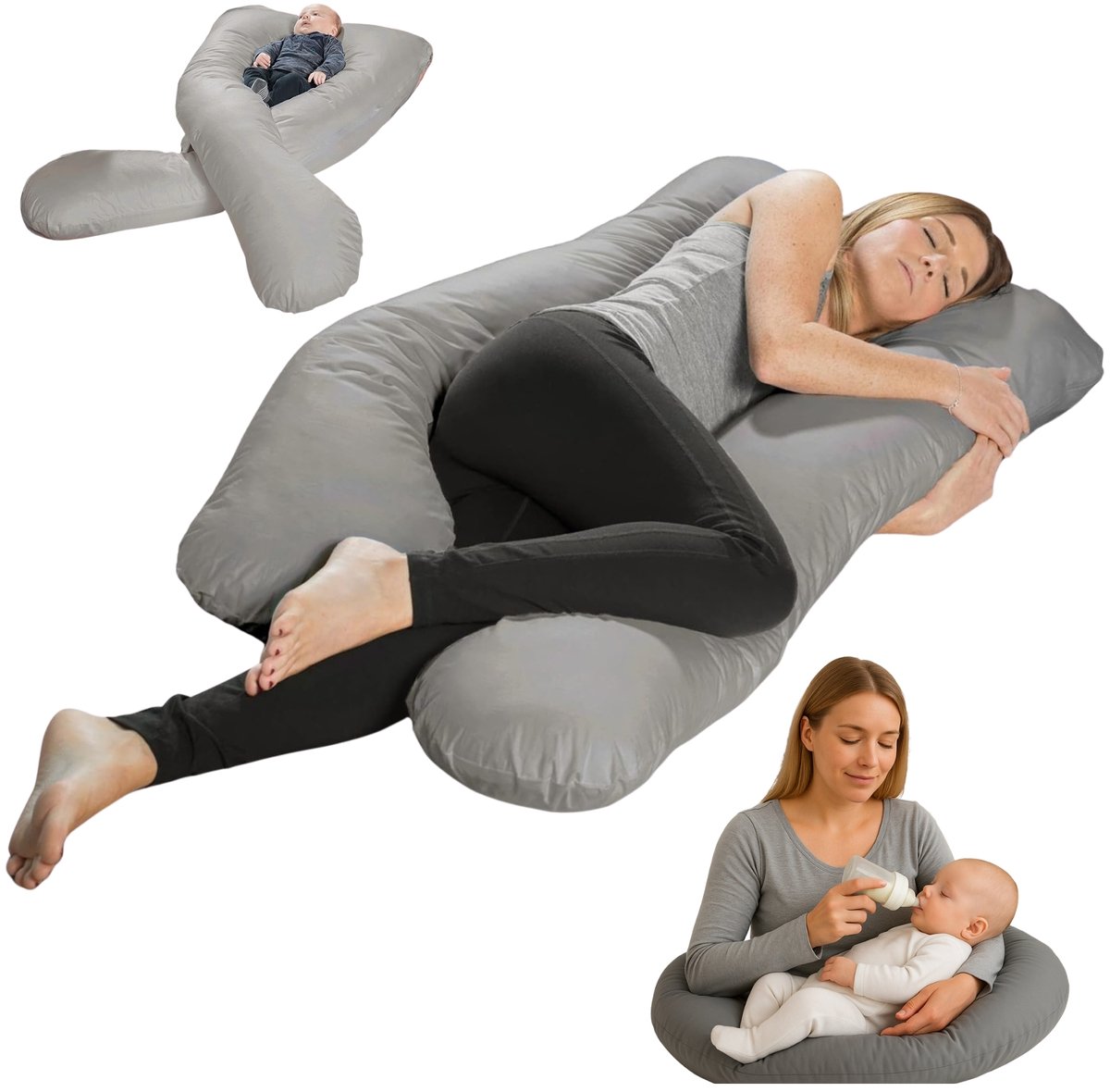 Sleepling body pillow - zijslaperkussen 140x75 cm - lang kussen met afneembare hoes van microvezel - als zwangerschapskussen, voedingskussen of lichaamskussen - Made in EU - 140 x 75 x 20 cm - grijs