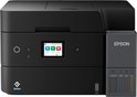 Close-up van de zwarte Epson Ecotank printer met een kleurenscherm, bedieningsknoppen en inkttanks.