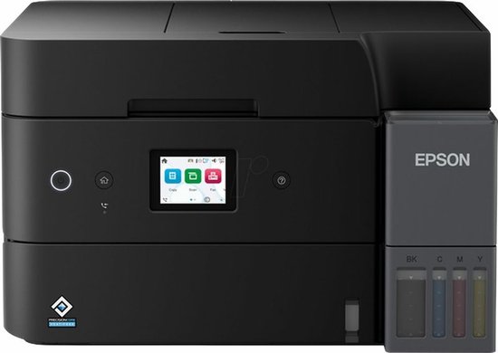 Close-up van de zwarte Epson Ecotank printer met een kleurenscherm, bedieningsknoppen en inkttanks.