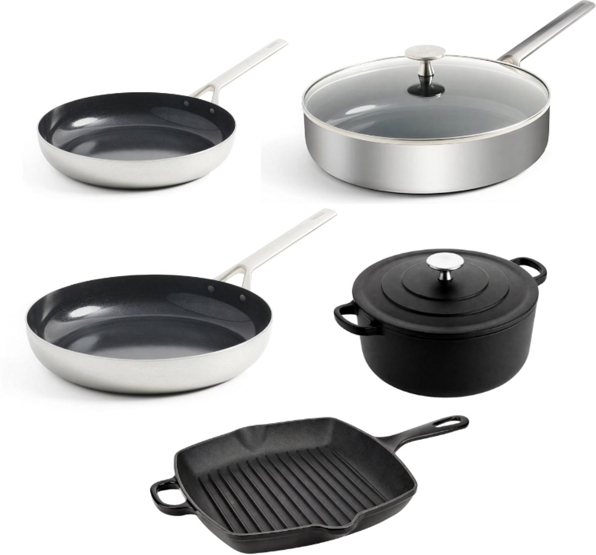 Royal van Kempen en Begeer Premium Pannenset 5-delig – Koekenpan 20 cm, Koekenpan 28 cm, Hapjespan met Deksel 28 cm, Gietijzer Grillpan 26 cm & Hoge Gietijzeren Braadpan 22 cm – PFAS-vrij – Geschikt voor alle warmtebronnen