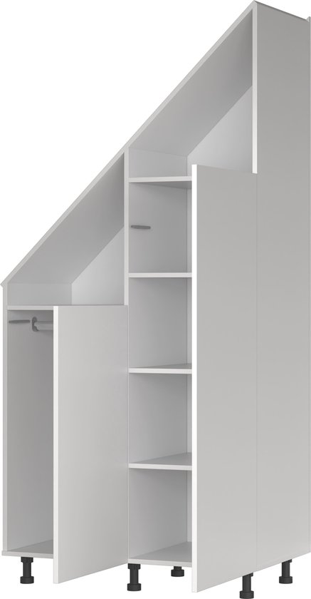 Witte opbergkast met schuine bovenzijde, deuren en open vakken met legplanken. Geen accessoires.