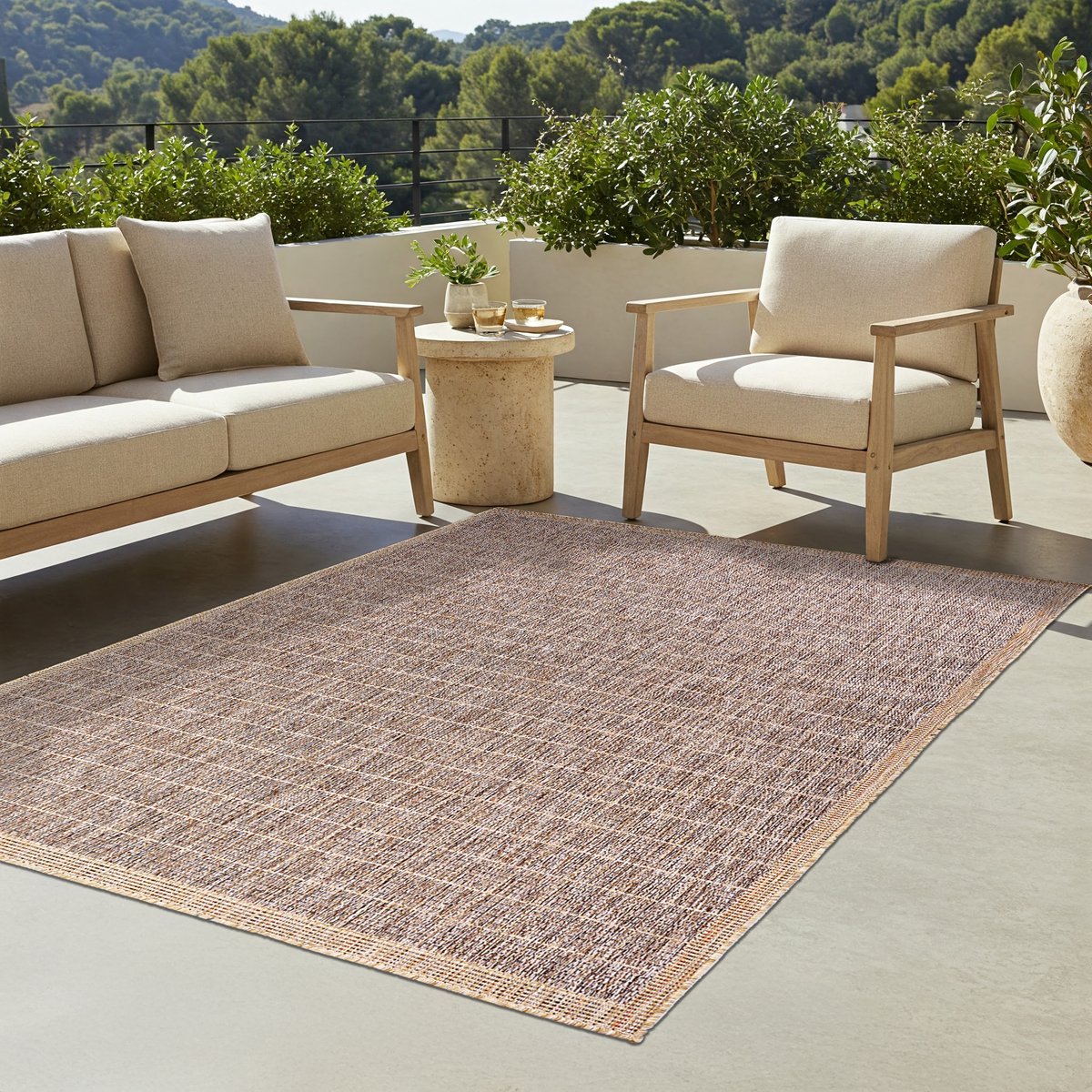TAPISO Yucana Buitentapijt - Flatweave Vloerkleed Buiten & Binnen - Modern Gemêleerd Design met Frame - Weerbestendig & UV-bestendig - Bruin Beige 160x230
