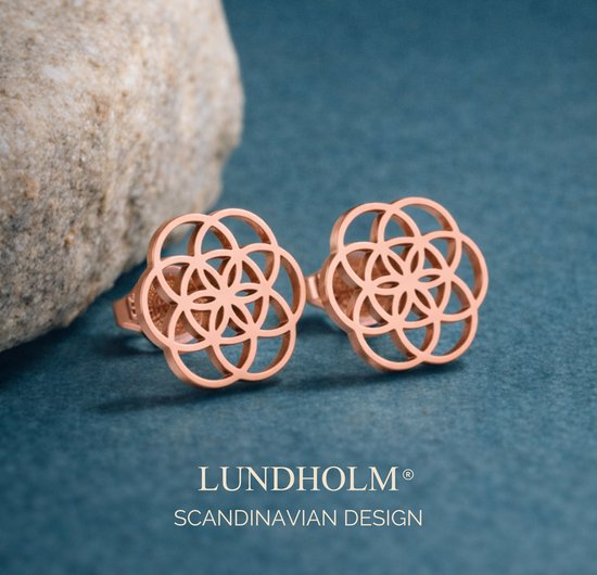 Lundholm Boucles d'oreilles Dames Bloem des Levens Couleur or rose – Bijouterie en acier inoxydable premium - Cadeau Rose Goud pour femme - Série My Pia - Flower of Life Boucles d'oreilles couleur or rose – Cadeau parfait pour femme