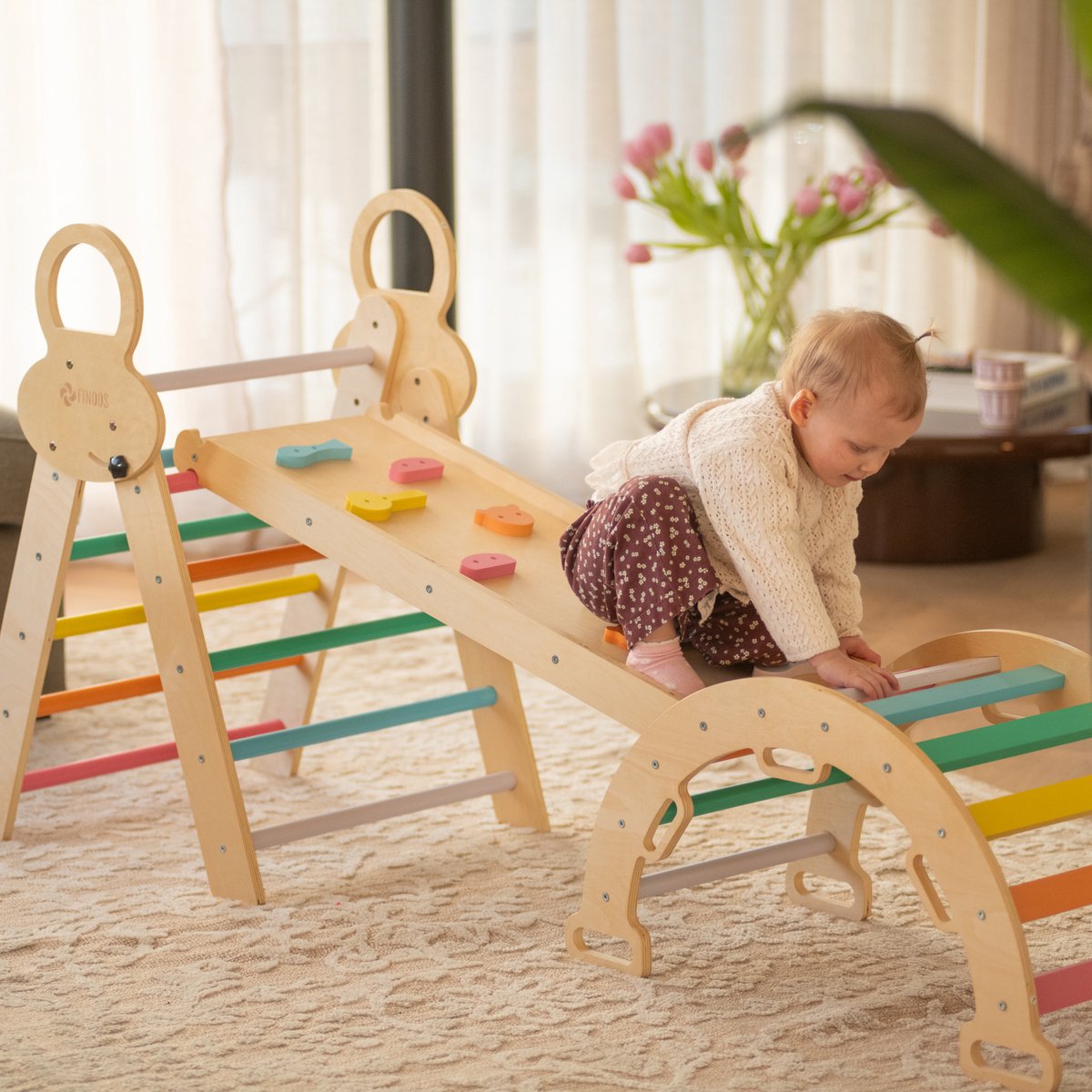FINOOS Klimrek - Klimdriehoek - Klimboog - Glijbaan - Montessori - Houten Speelgoed - Regenboog — afbeelding 12