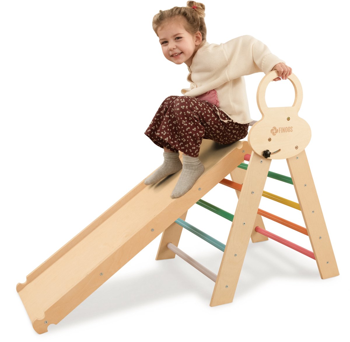 FINOOS Klimrek - Klimdriehoek - Klimboog - Glijbaan - Montessori - Houten Speelgoed - Regenboog — afbeelding 5