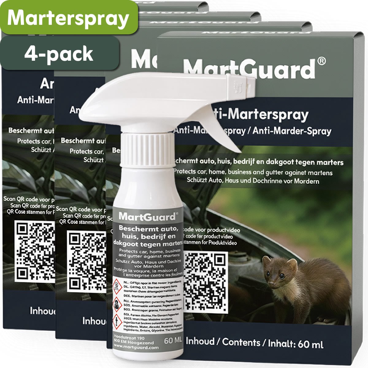 MartGuard® Anti Marterspray – Bescherm Kabels Tegen Beschadiging - Marterspray auto - 4 pack, 4x60 ml - Sterk Geconcentreerd - Voor Auto, Huis & Schuur