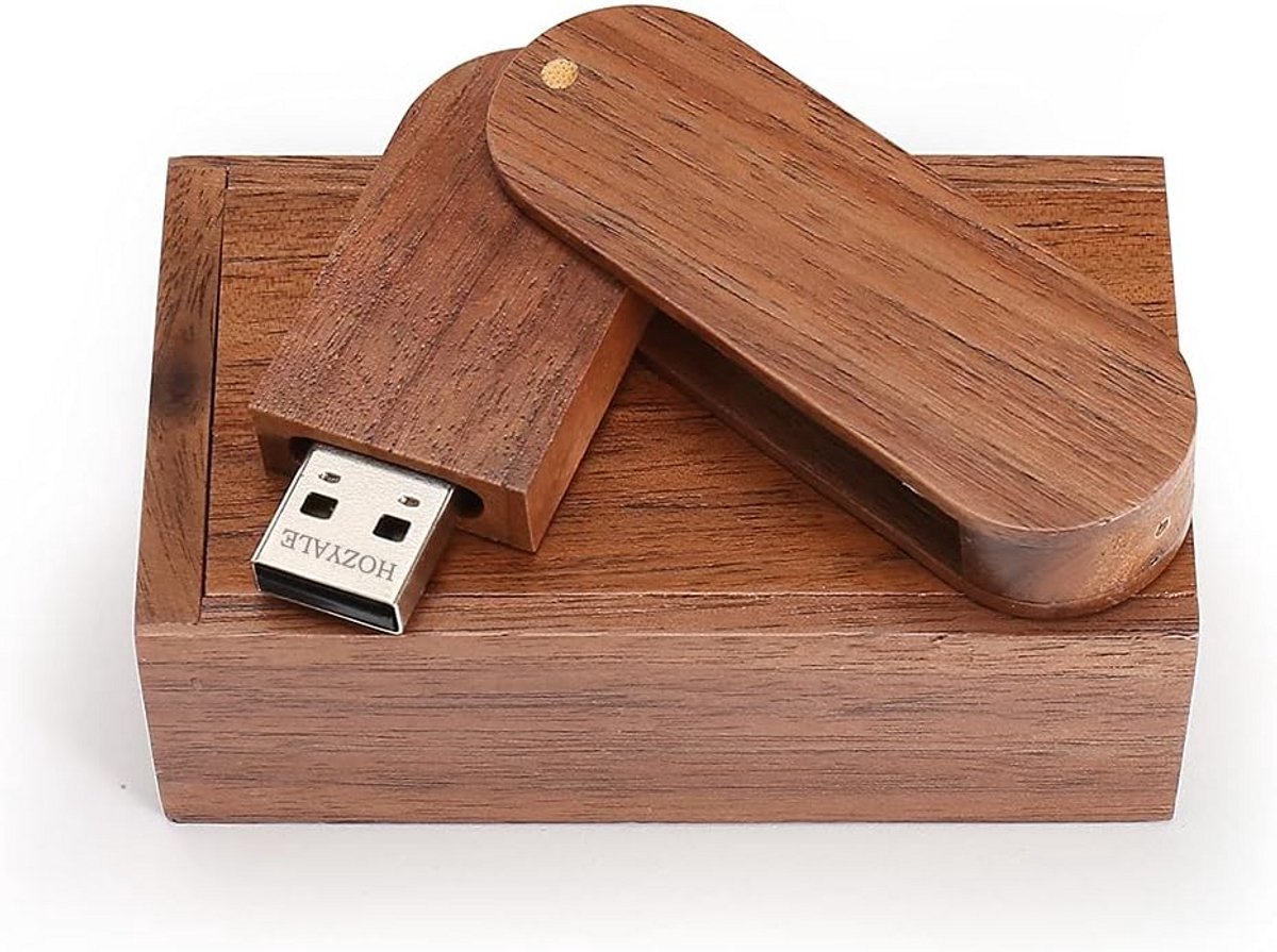 Houten USB-stick 64 GB met Draaibare Behuizing en Houten Kistje