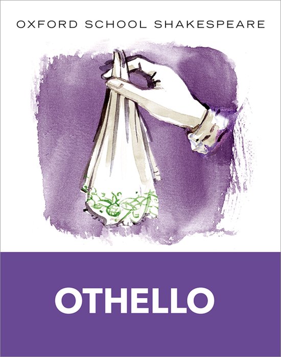 Hand houdt witte zakdoek met groene print vast tegen paarse achtergrond. Titel: Othello.