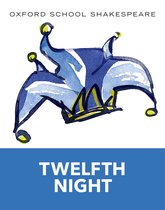 Blauwe narrenmuts met gele pompons, "OXFORD SCHOOL SHAKESPEARE TWELFTH NIGHT".