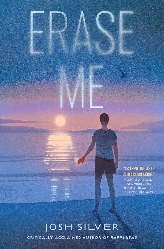 La couverture du livre "Erase Me" représente un jeune homme sur une plage au coucher du soleil. Le titre "ERASE ME" est affiché en gros caractères.