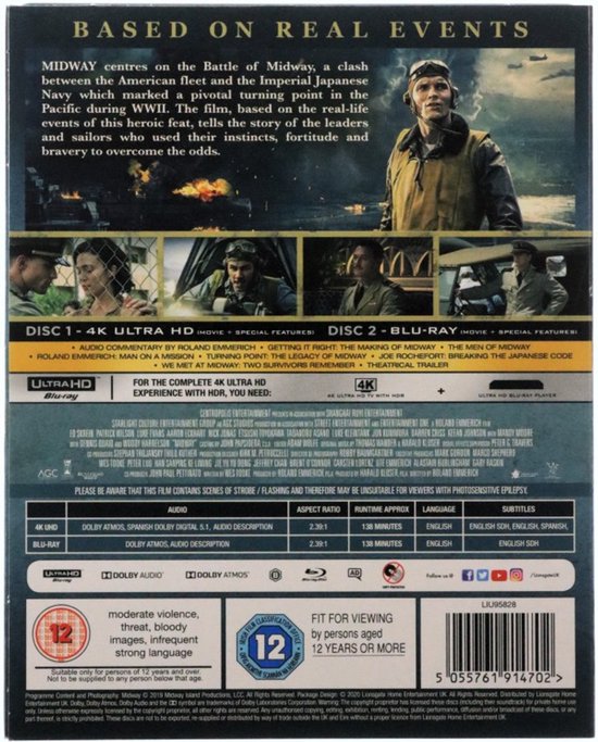 Achterkant van de Blu-Ray-hoes van Midway met informatie over de film en cast, inclusief afbeeldingen van scènes.