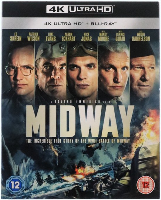 Hoes van de film Midway, met de gezichten van de acteurs Ed Skrein, Patrick Wilson, Luke Evans, Aaron Eckhart, Nick Jonas, Mandy Moore, Dennis Quaid en Woody Harrelson.