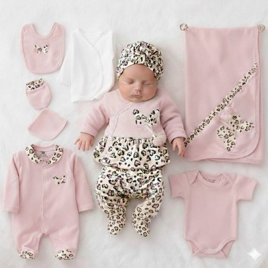 Baby meisje in roze luipaardprint outfit met bijpassende kleding en accessoires.