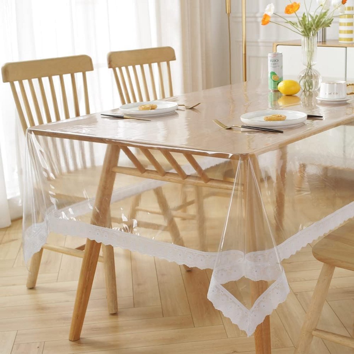 Transparant Tafelkleed met Witte Kant PVC Tafelbescherming Ovaal Waterdicht