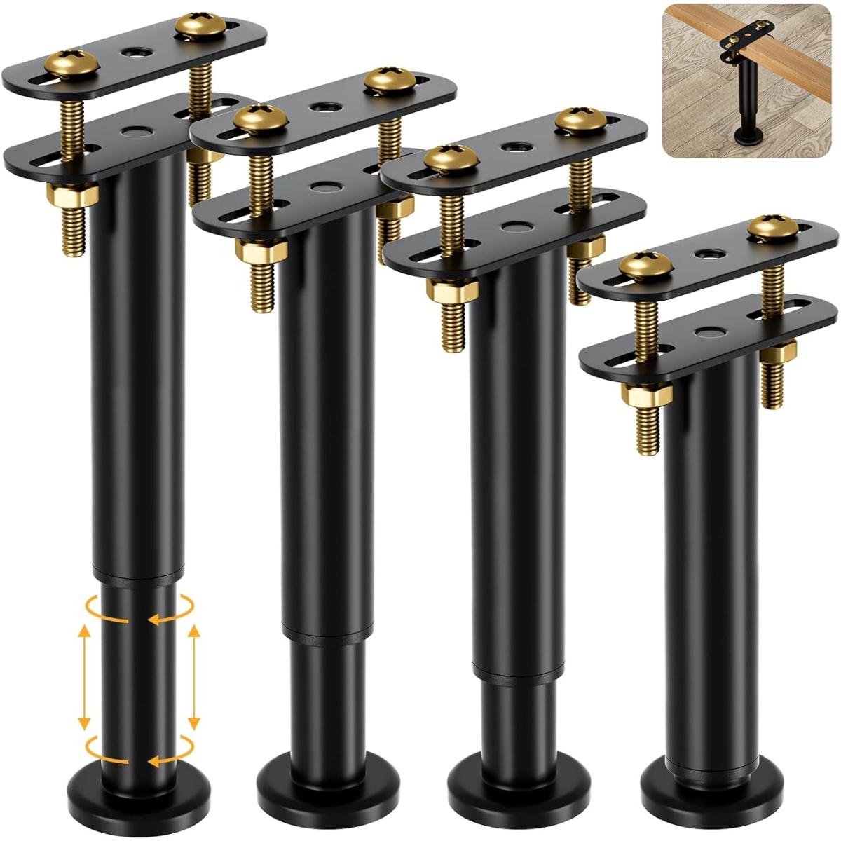 GelldG Bedpotenverhogers - In hoogte verstelbare bedpoten - Steunpoten voor de middenbalk van het bedframe - Stevige metalen steunpoten - Verstevigingsset voor lattenbodems van kingsize en queensize bedden - 18 cm - 4 stuks - Zwart