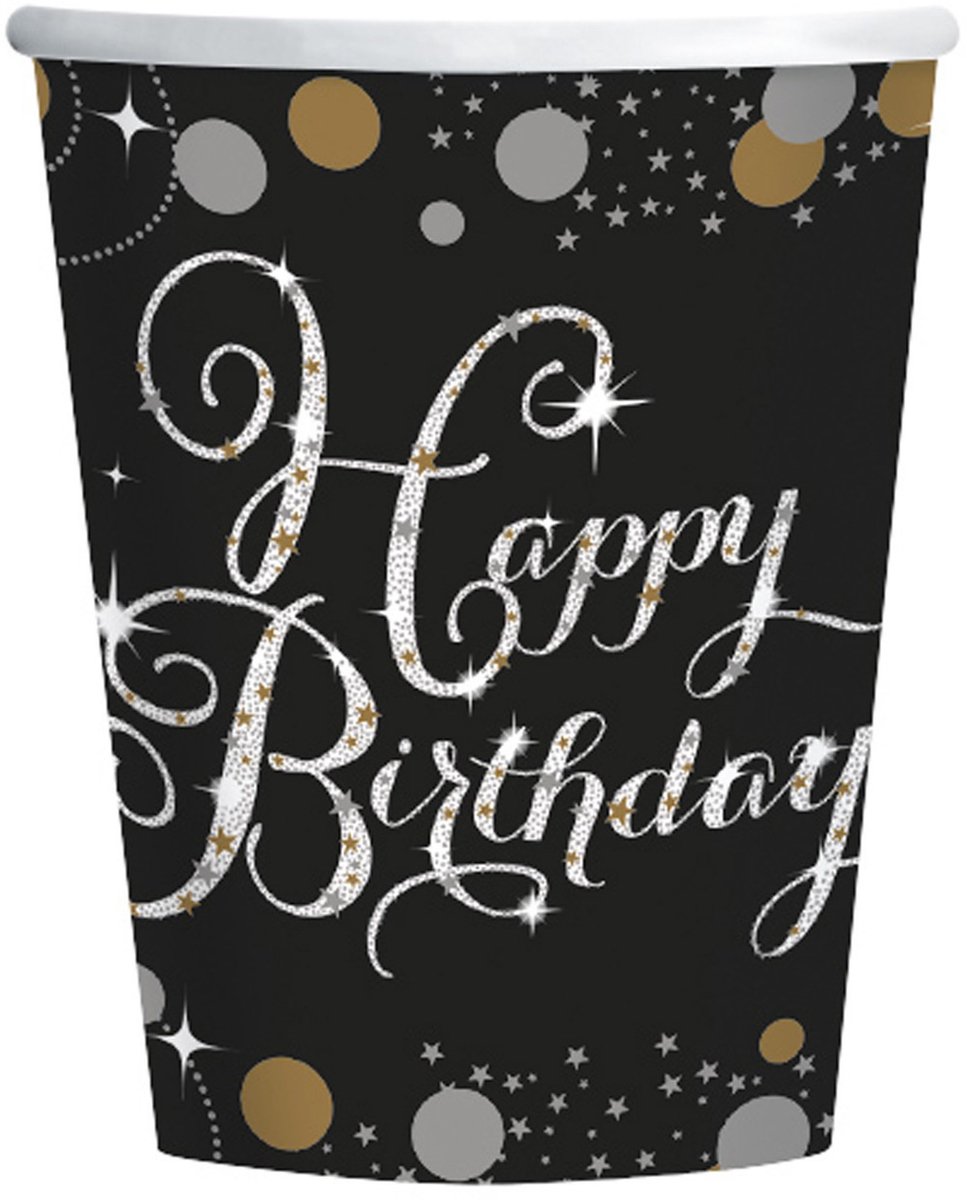 Beker Happy Birthday Sparkling zilver-goud 8 stuks