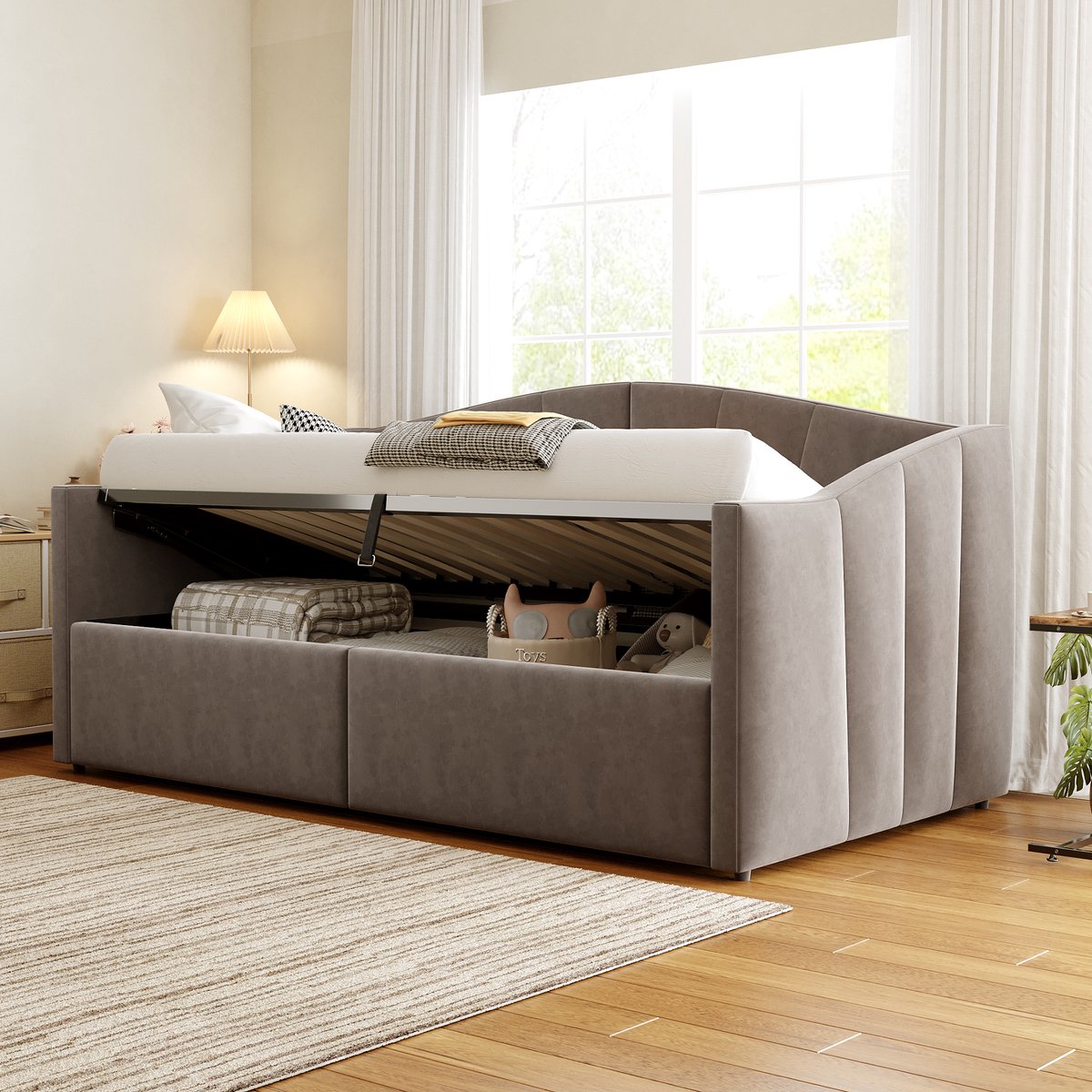 Wishdor - Gestoffeerd Slaapbankbed - Met Hydraulische Opbergruimte - Met Lattenbodem En Armleuningen - Fluweel - Grijs - 90 X 200 Cm