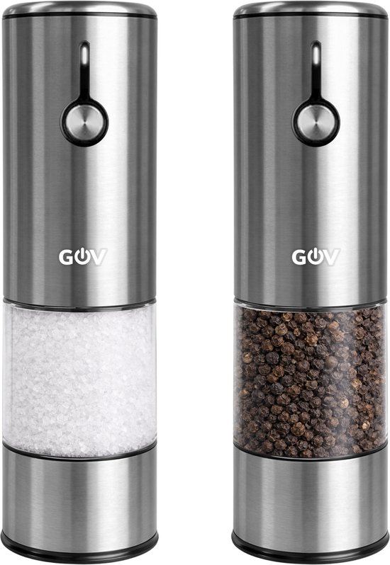 Ensemble sel et poivre GOV - Acier inoxydable Deluxe II - Électrique - Rechargeable - Double Siècle des Lumières - Acier inoxydable - Moulin à poivre - Moulin à sel - Minimaliste