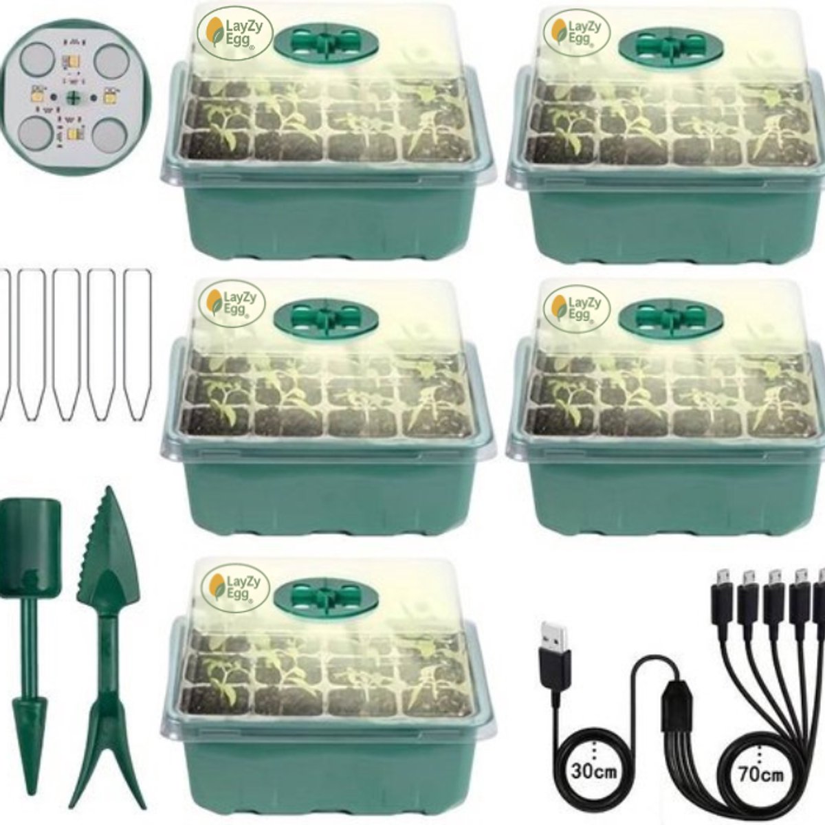 LayZyEgg® Kweekbakjes met LED Groeilamp – 5 Stuks Zaaitray Starter Set – 5x 8 LED Groeilampjes – Kweekset voor Zaden, Stekjes en Plantjes – Verstelbare Ventilatie – Extra Hoge Deksel