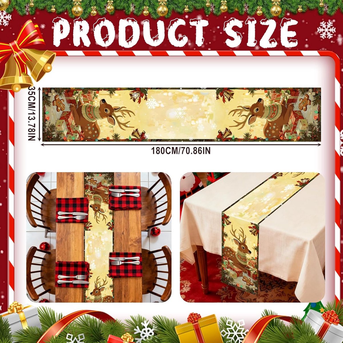 Feestelijke Kerst Tafelloper met Elanden in Rood en Wit - 35x180 CM