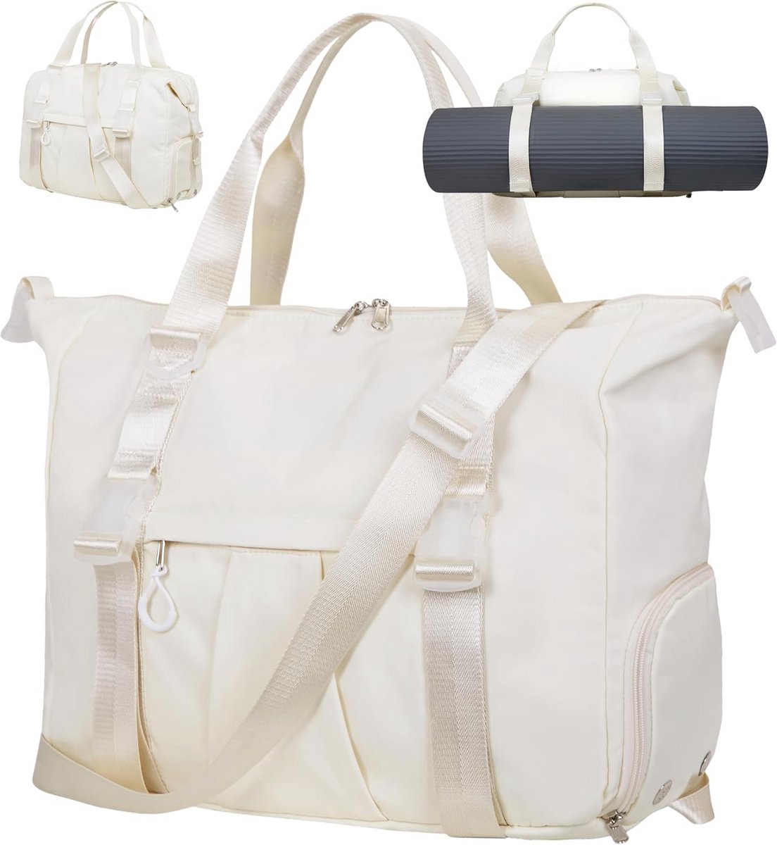 Grote Sporttas Dames met Schoenenvak en Yogamat Houder - Weekendtas Reistas Beige