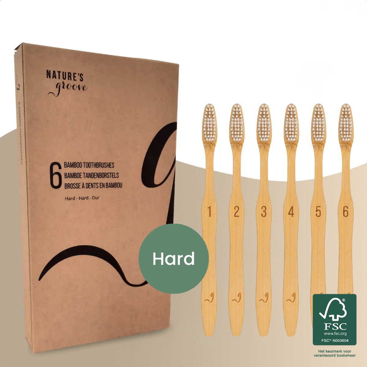 Nature’s Groove® Bamboe Handtandenborstels Hard - Set van 6 - Handmatige Houten Tandenborstel