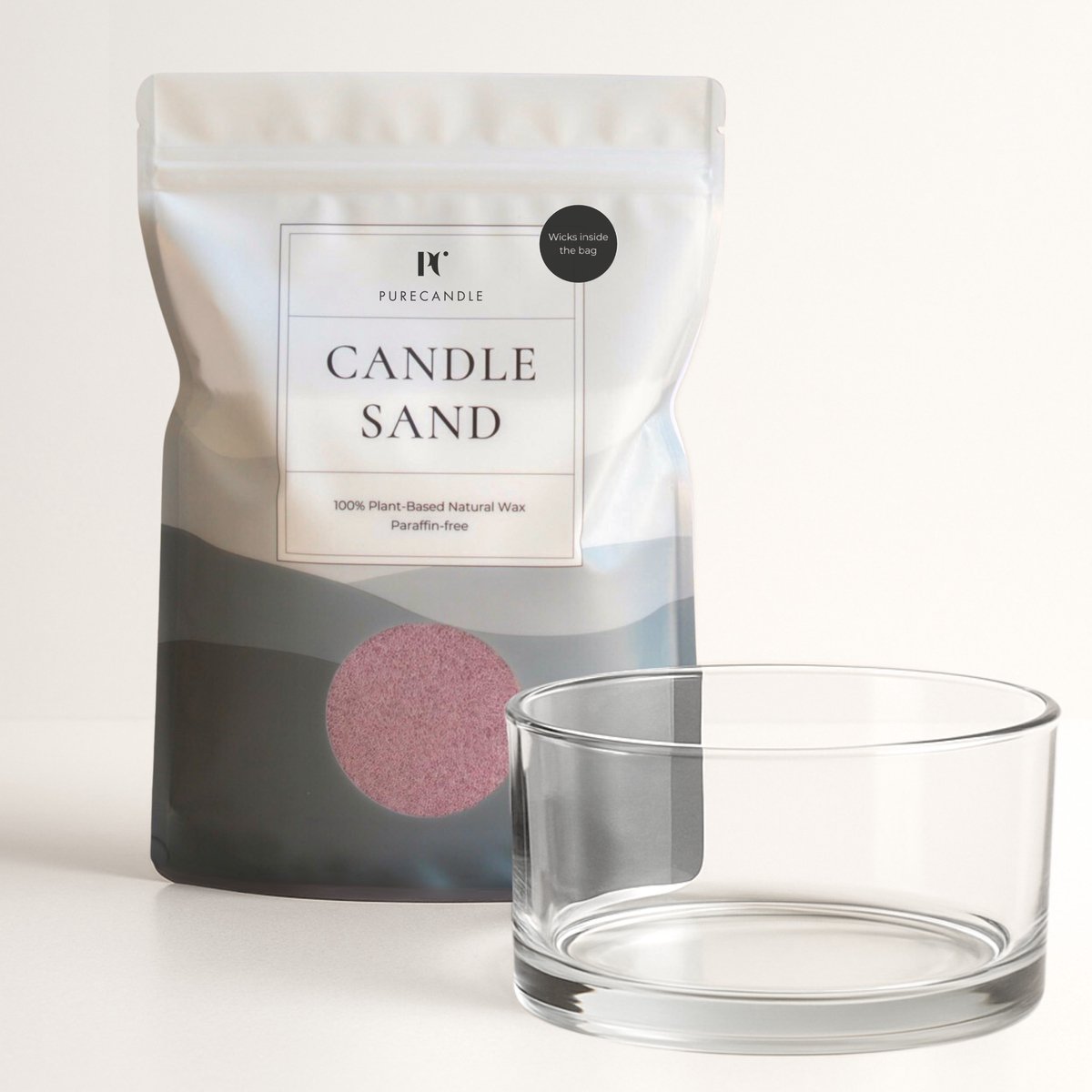 PureCandle Kaarsenzand Cadeauset – Oud Roze Kaarsenzand 450g + 30 Lonten – Glazen Schaal C