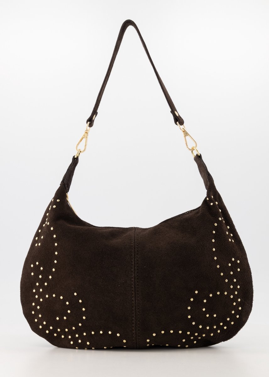 crossbody / schouder tas - donkerbruin - suède - trendy - met Studs - nieuw