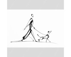 K&C Art (Canvas schilderij) 120x80cm | Vrouw wandelt met hond - mens - dier - abstract - schets - zwart - wit - modern - kunst | Woonkamer - slaapkamer - hal - kantoor | Foto schilderij print op canvas - wanddecoratie - muurdecoratie - wall art