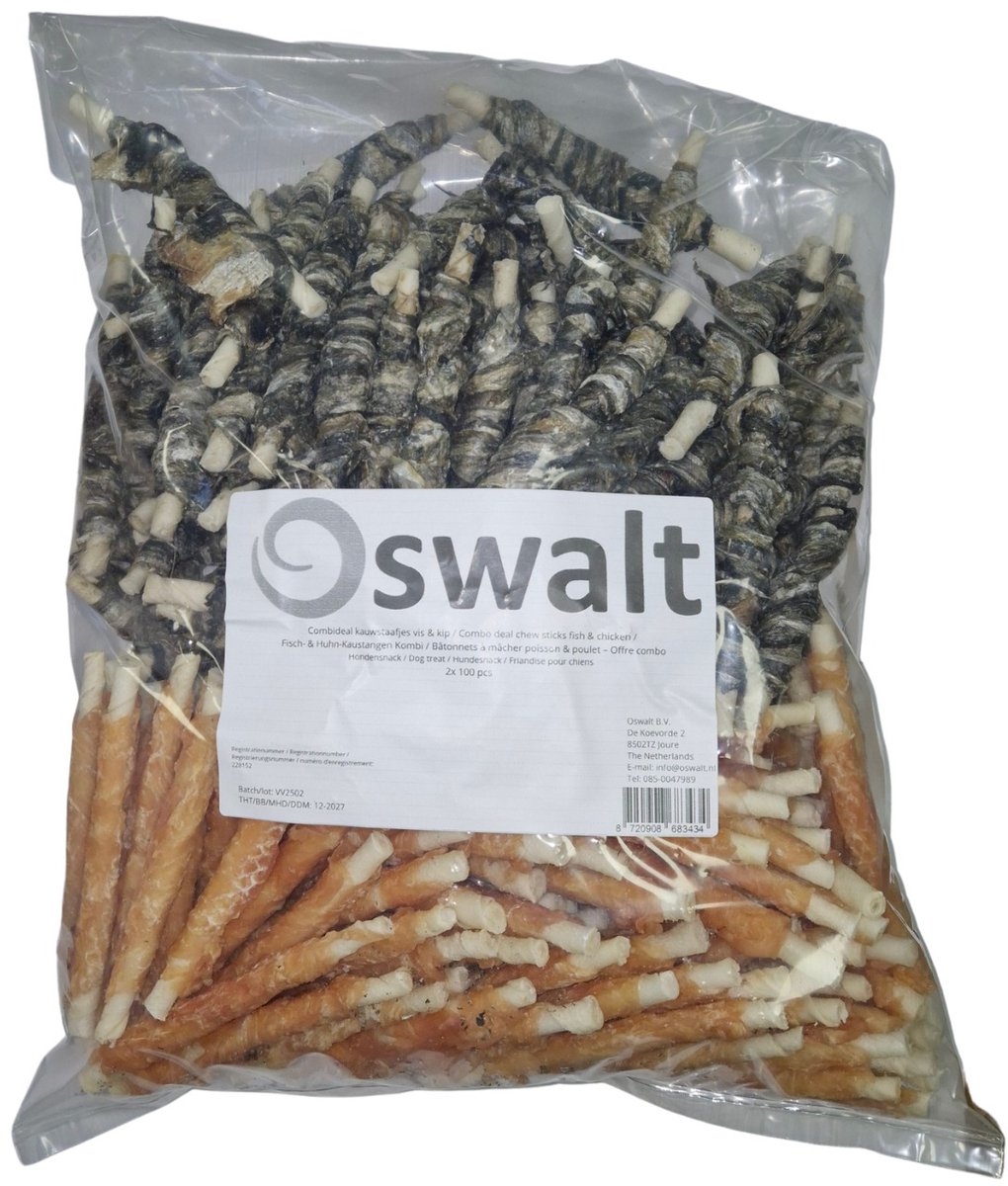 Oswalt Combideal: Kauwstaafjes met kip en vis - 200 Stuks - 12,5cm - Hondensnack