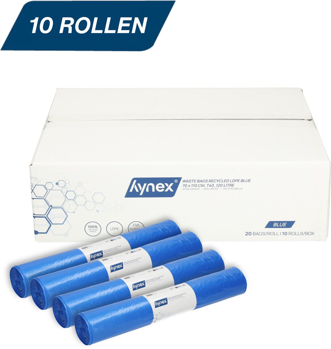 Hynex Vuilniszak 120 liter - 200 stuks - Afvalzakken - Gerecycled LDPE - 70x110 cm - 10 rollen x 20 stuks - Blauw
