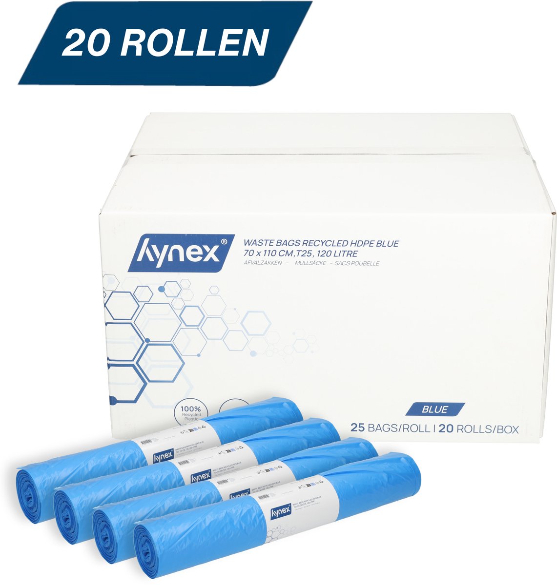 Hynex Vuilniszak 120 Liter - 500 stuks - Afvalzakken - Gerecycled HDPE - 70 x 110 cm - 20 rollen x 25 stuks - Blauw