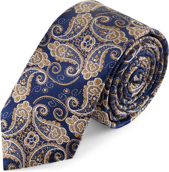 Cravate en soie à motif cachemire bleu et doré | 6 cm