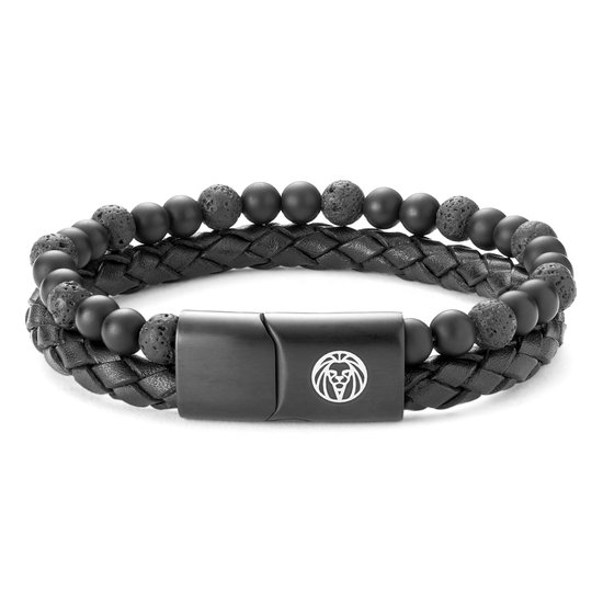 Zwarte gevlochten lederen armband met kralen van zwarte lavasteen en mat zwart, met zwarte gespsluiting.