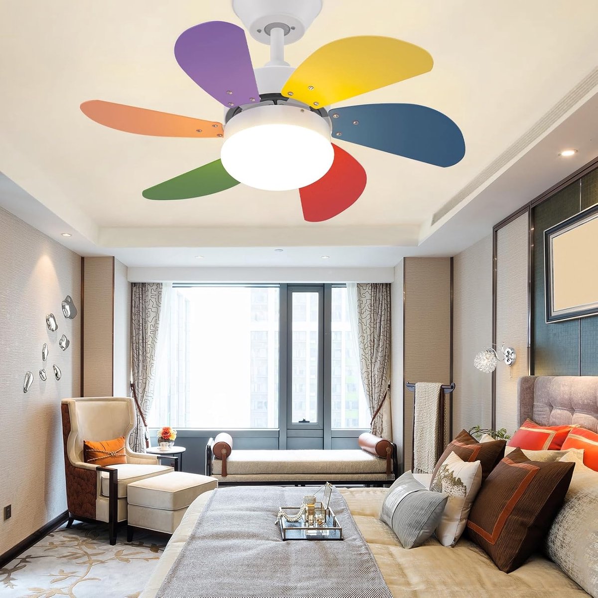 Glitzerlife– Plafondventilator met verlichting – Ventilator lamp plafond – stil met afstandsbediening en timer – Ø75 cm – gekleurd – plafondlamp met ventilator voor woonkamer en slaapkamer