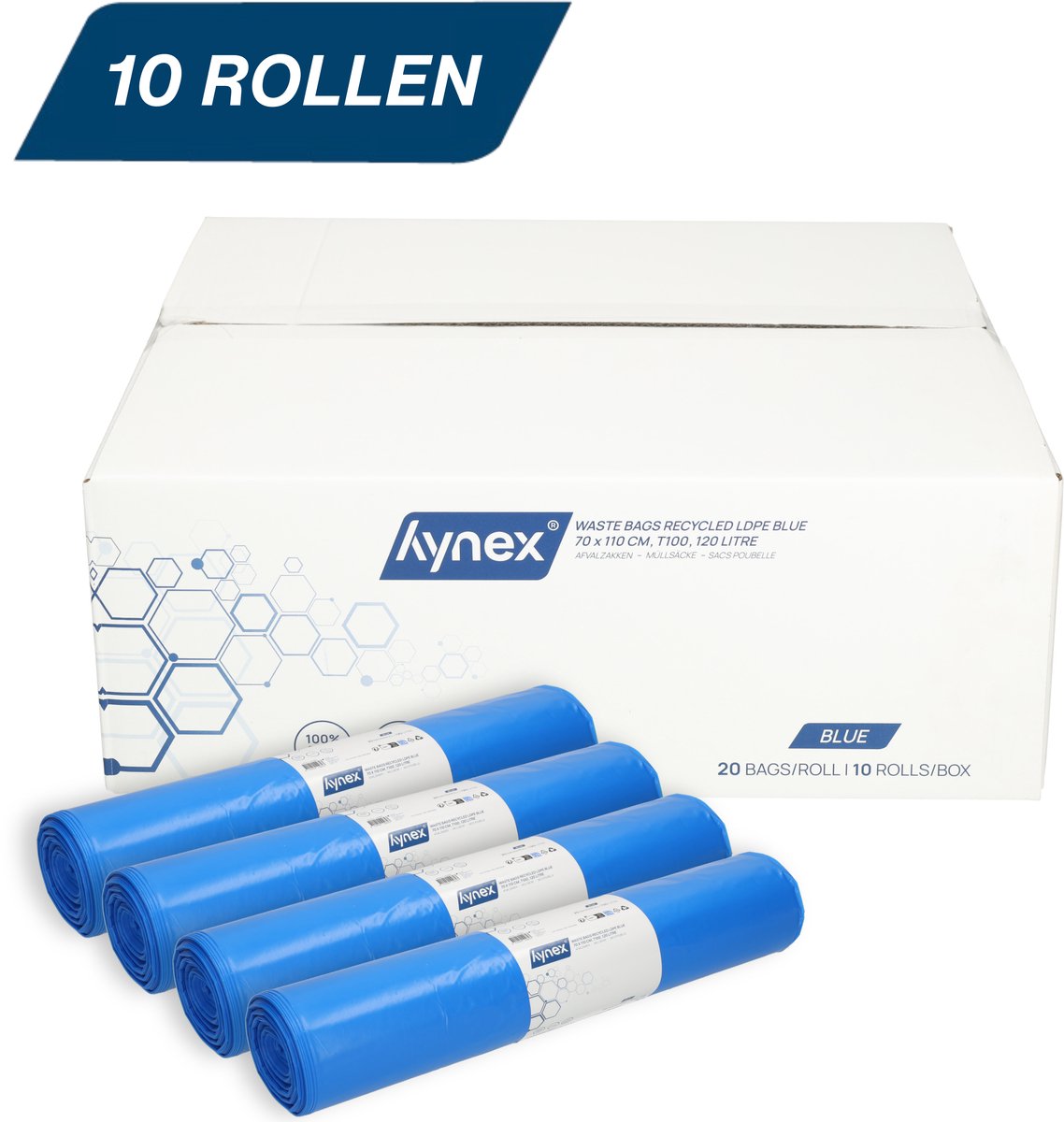 Hynex Vuilniszak 120 liter - 200 stuks - Afvalzakken - Gerecycled LDPE - 70x110 cm - 10 rollen x 20 stuks - Blauw