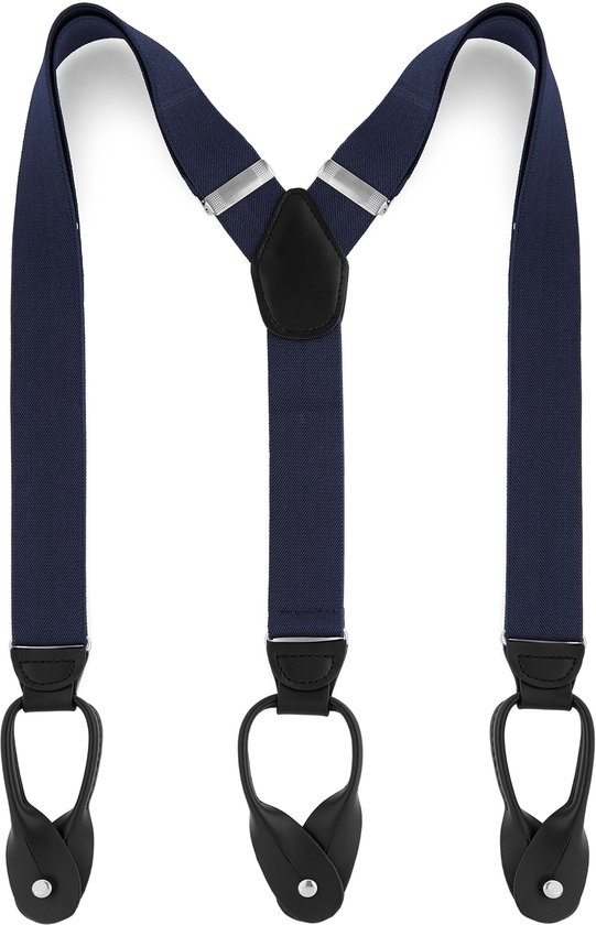 Donkerblauwe bretels met zwarte leren lussen en zilverkleurige clips.