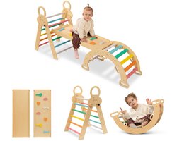 FINOOS Klimrek - Klimdriehoek - Klimboog - Glijbaan - Montessori - Houten Speelgoed - Regenboog