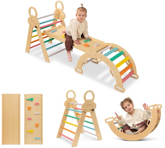 FINOOS Klimrek - Klimdriehoek - Klimboog - Glijbaan - Montessori - Houten Speelgoed - Regenboog