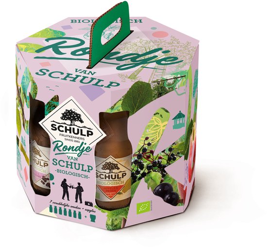 Zeshoekige verpakking met het opschrift 'Rondje van Schulp Biologisch'. Vruchtenafbeeldingen van zwarte bessen en aardbeien.