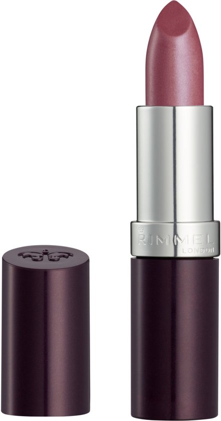Rimmel London lippenstift met paarse huls en dop. De kleur is een glinsterende oudroze.