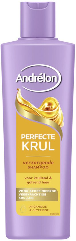 Paarse fles Andrélon Perfecte Krul verzorgende shampoo, met gouden draaikolklogo, voor krullend & golvend haar.