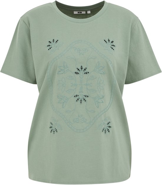 Lichtgroen t-shirt met ronde hals en geborduurd bloemenmotief.