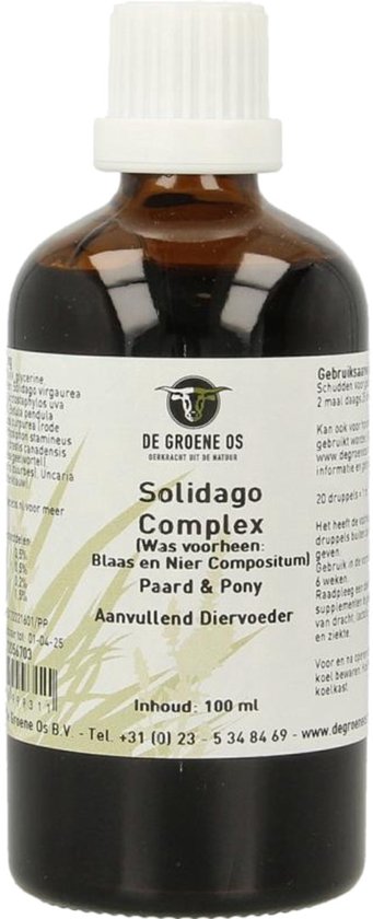 Bruine glazen fles met witte dop. Label toont "Solidago Complex", "Paard & Pony" en "Aanvullend Diervoeder".