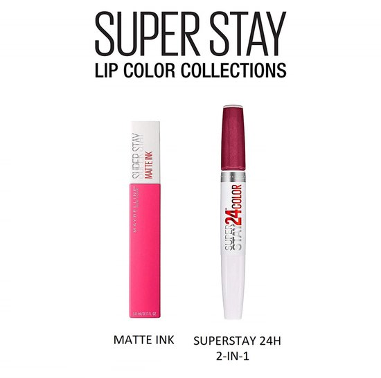 Maybelline Super Stay Matte Ink en SuperStay 24H 2-in-1 lipsticks. Een fuchsia en een bordeaux rode lipstick.