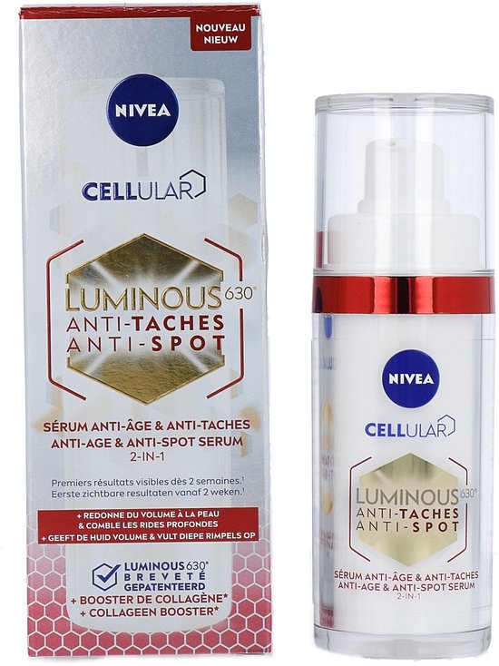 Doosje en Nivea Cellular Luminous630 Anti-Age & Anti-Spot serum. Nieuw. 2-in-1 formule met collageen booster.